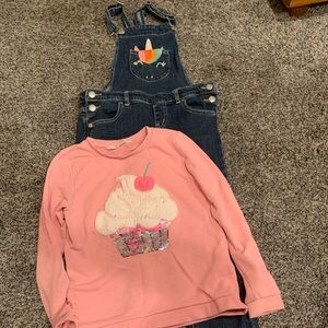 H&M pink cupcake sweater & Cat & Jack unicorn overall pants 👖 jeans!